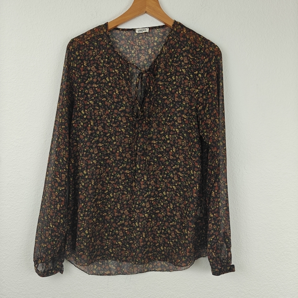 L’AGENCE Sheer Floral Tie Front Blouse Sz 4 V Neck Long Sleeve Romantic Boho Top